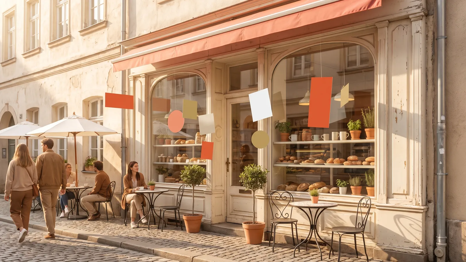 A small-business storefront with AI-generated ad cards floating around it