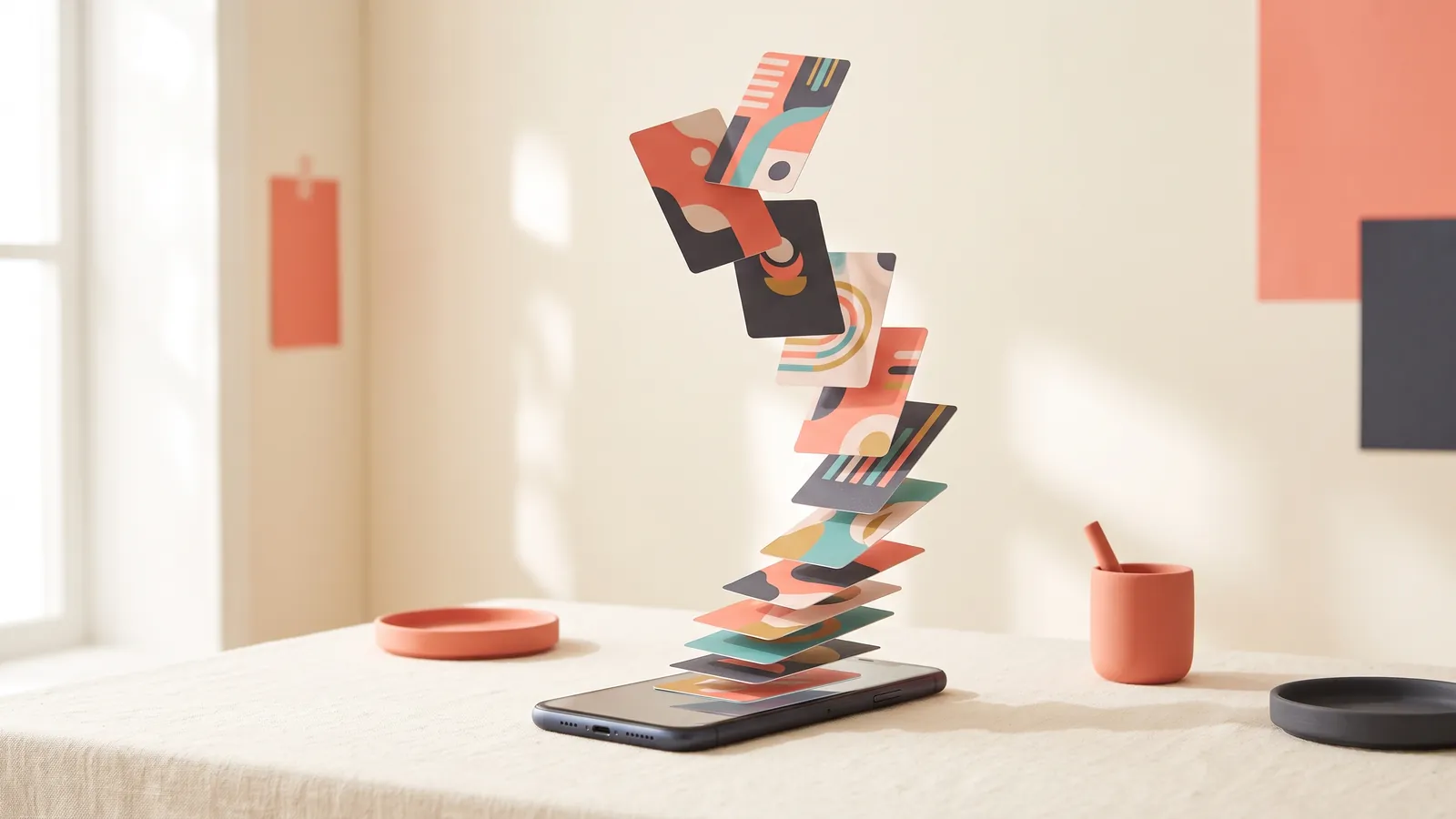 A smartphone with a feed of ad creatives flowing out of the screen