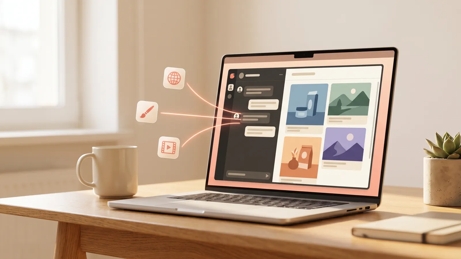 A laptop showing a chat on one side and a grid of finished ads on the other, linked to small tool icons